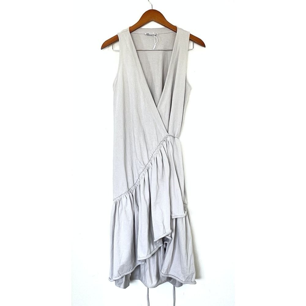 ZARA Womens Ruffled Wrap Dress Size S light Gray Jersey Cotton Sleeveless V-Neck